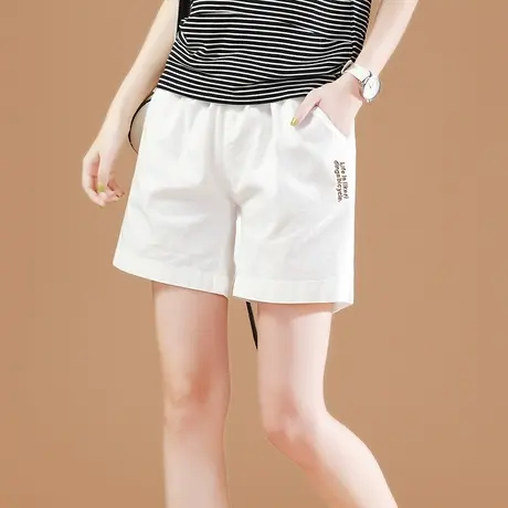 韩潮袭人白色休闲纯色短裤女刺绣夏装新款韩版宽松热裤松紧腰裤子图片