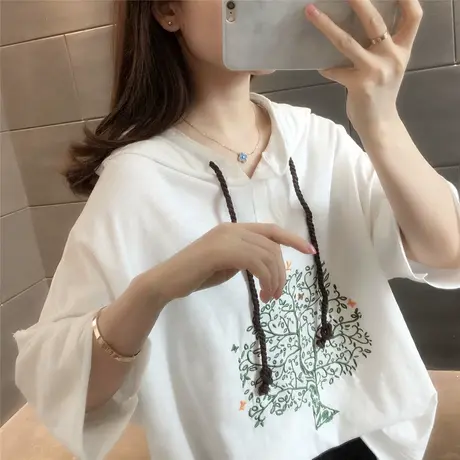 2023年夏季新款文艺简约刺绣连帽短袖T恤女宽松棉百搭白色体恤衫商品大图