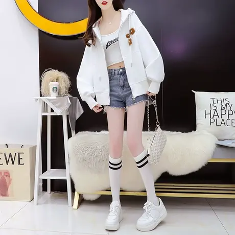 短款连帽卫衣开衫外套女2023新款早秋宽松百搭春秋薄款上衣图片