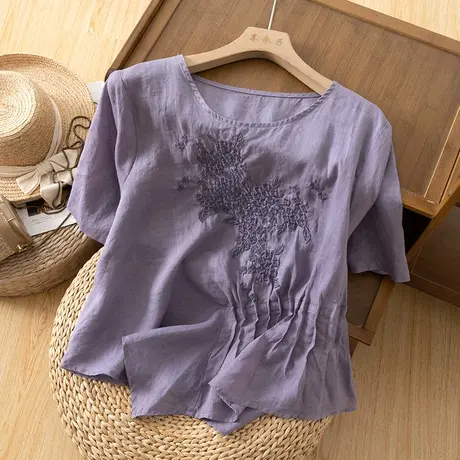 享永子短袖刺绣苎麻上衣女文艺复古棉麻小衫宽松显瘦气质2023新款图片