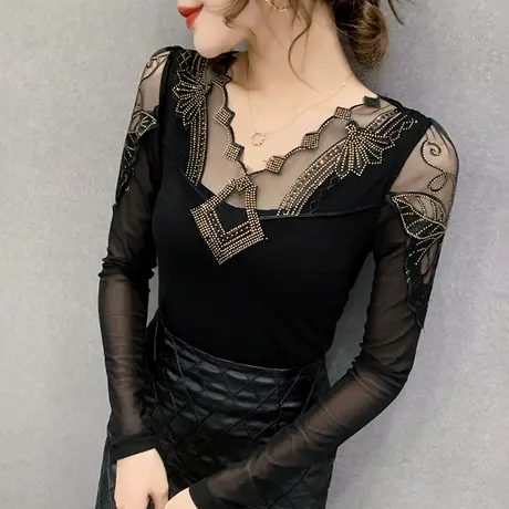 2023春秋新款性感镂空T恤女长袖网纱拼接上衣洋气紧身内搭打底衫商品大图