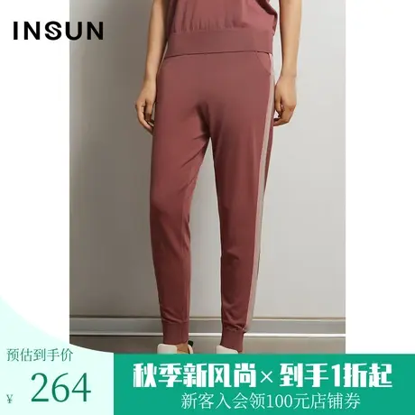 恩裳夏季时尚简约复古珊瑚红侧条纹运动休闲裤卫裤长裤女图片