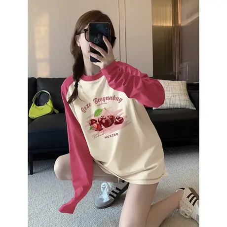 粉杏撞色宽松oversize插肩t恤女2023新款秋冬内搭打底长袖上衣女图片
