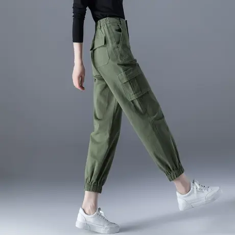 绿色工装裤女束脚爆款军绿九分休闲女裤2023春秋新款女士灯笼裤子商品大图