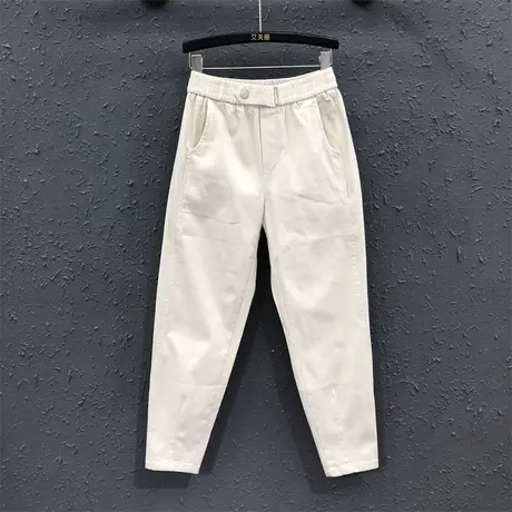 欧货2023早秋新款米色小脚萝卜裤女潮休闲松紧腰显瘦牛仔哈伦长裤图片