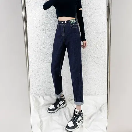 深蓝牛仔裤女2023年春季新款高腰直筒宽松显瘦百搭九分老爹烟管裤商品大图