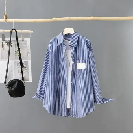 韩版时尚条纹衬衫女2023春装新款慵懒风外套上衣宽松打底衬衣潮图片