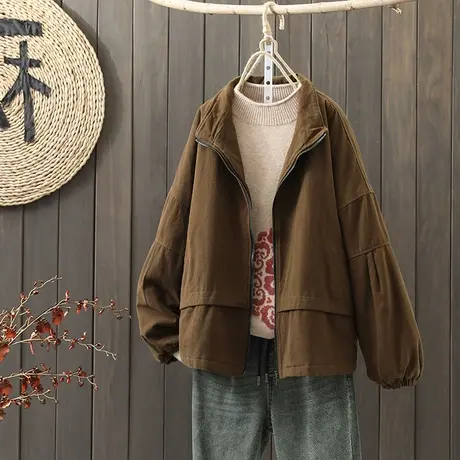 枫谜2021年秋冬新款文艺复古全棉加厚外套女宽松休闲百搭夹克外套图片