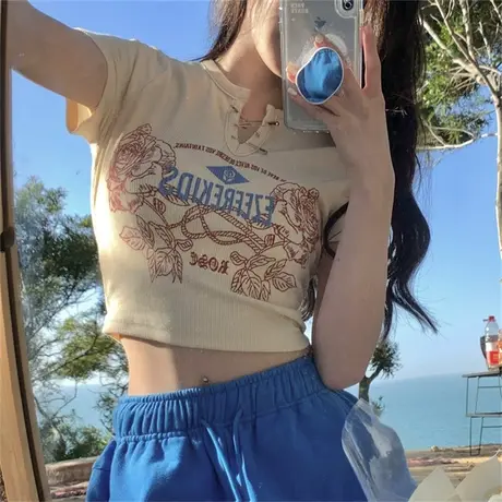 港风bm风短袖T恤女2023夏季新款宽松百搭ins甜酷风短款上衣露脐装商品大图