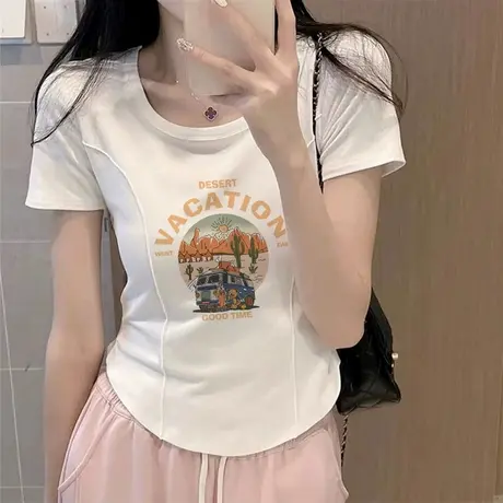 正肩短袖t恤女夏季2023新款小个子白色tee超好看t恤修身短款上衣商品大图