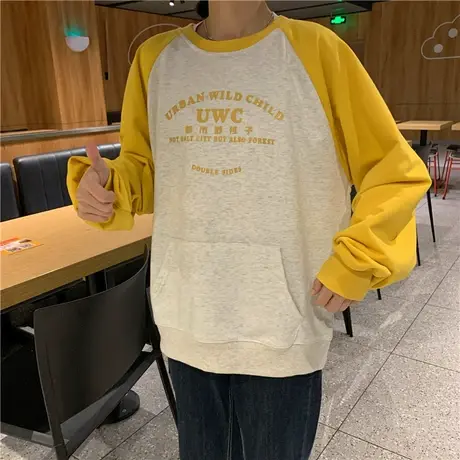 红续自制撞色插肩袖字母百搭休闲宽松bf慵懒风盐系少女圆领卫衣女图片