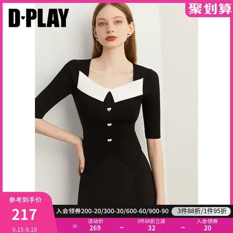 DPLAY2023秋装法式优雅黑拼白撞色翻领爱心纽扣显瘦针织衫上衣女商品大图