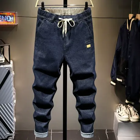 高端牛仔裤男士宽松直筒休闲长裤子男装春秋款韩版潮流百搭松紧腰商品大图