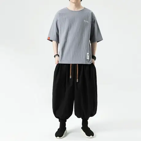 日系暗黑棉麻短袖T恤男宽松大码胖子新中式一套搭配灯笼裤男装潮图片