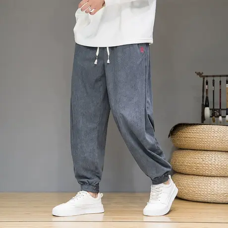 秋冬男裤子中国风宽松灯芯绒休闲长裤加大码刺绣男装潮收口哈伦裤商品大图