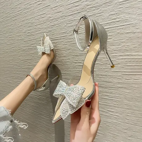 2023年夏季新款蝴蝶结水钻高跟鞋女细跟尖头透明仙女风一字带凉鞋商品大图