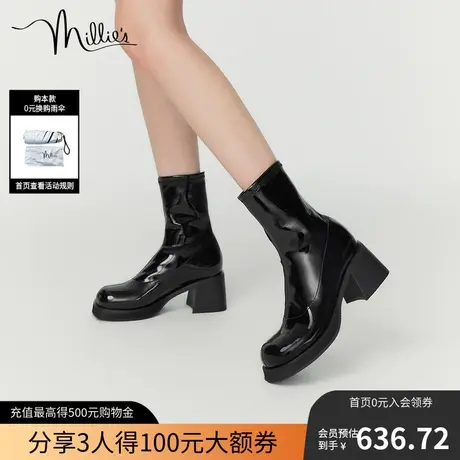 millie's妙丽冬季新款漆牛皮粗跟瘦瘦靴中筒时装靴女SGP34DZ2商品大图