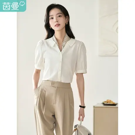 茵曼法式复古衬衫2023夏女装新款宽松绣花娃娃领泡泡袖小衫上衣商品大图