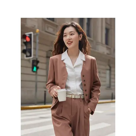 茵曼短款西装外套2023秋女装新款V领正肩长袖显瘦百搭通勤上衣图片