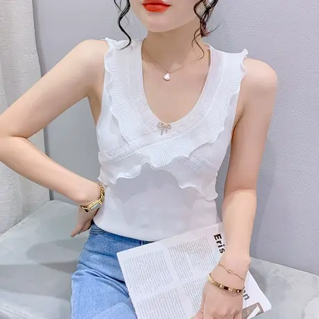 2024夏季新款性感V领背心女内搭外穿设计感木耳边小衫紧身上衣ins图片