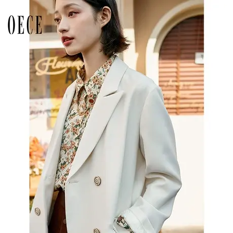 【买1送1】Oece白色小西装秋季复古英伦风女士西服春秋休闲外套图片