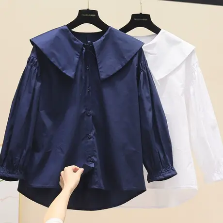 春季韩版洋气时髦减龄大翻领单排扣衬衫女宽松慵懒娃娃衫上衣衬衣图片