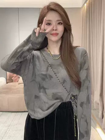 2023早秋新款扎染印花圆领针织衫女女装叠穿打底衫长袖毛衣秋装女商品大图