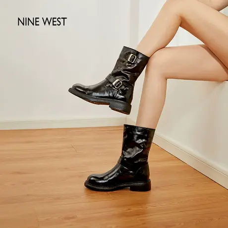 Nine West/玖熙方糖骑士短靴女夏季新款中筒马丁靴真皮复古靴子图片
