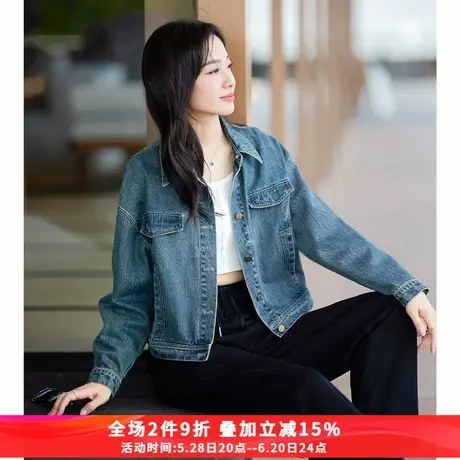娅丽达复古休闲深蓝牛仔外套女2025新款春季休闲上衣显瘦短款夹克商品大图