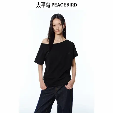 太平鸟 斜肩小狗刺绣图案短袖T恤25夏季新款露肩潮流通勤女士上衣图片