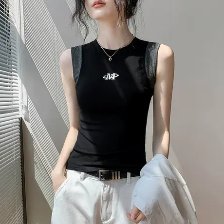 歌倍尚字母印花拼色背心女2025夏季新款修身显瘦外穿辣妹无袖上衣商品大图