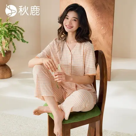 秋鹿新款短袖梭织睡衣女春夏V领气质显子长裤薄款格子家居服商品大图