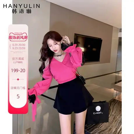 韩语琳年早秋女装新款韩版v领宽松秋秋薄款卫衣ins设计感上衣商品大图