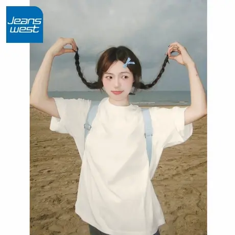 KV真维斯杏色短袖上衣女2025夏季 休闲风纯棉韩版宽松慵懒圆领t恤商品大图