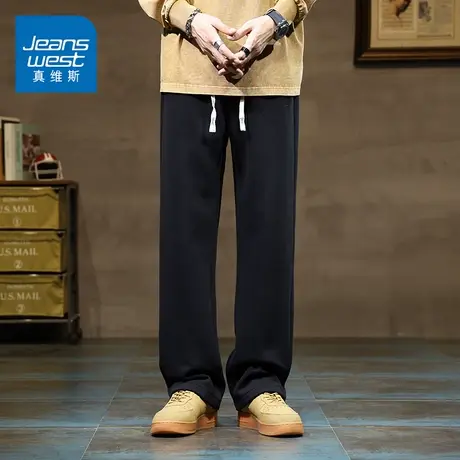 KZ真维斯男士松紧腰宽松直筒黑色卫裤男生运动舒适百搭纯色休闲裤商品大图