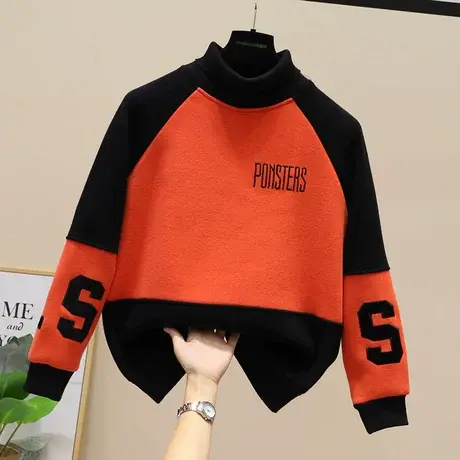 欧货拼色高领加绒加厚套头卫衣女2023冬新款刺绣字母中长款外套潮商品大图