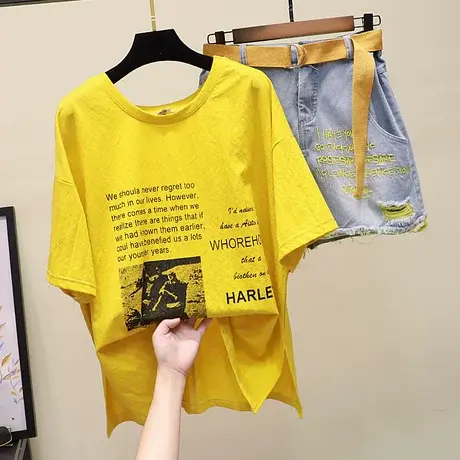 2023夏季新款宽松T恤衫+字母刺绣牛仔短裤两件套装潮上衣阔腿短裤商品大图