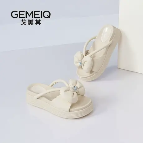 戈美其商场同款凉鞋女2025新款夏季外穿厚底蝴蝶结一字带凉拖鞋女图片
