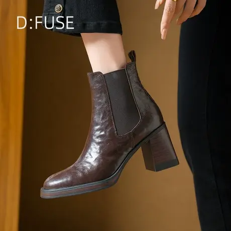 DFuse迪芙斯时尚复古弹力短靴女2024秋冬新款粗跟厚底百搭高跟鞋商品大图