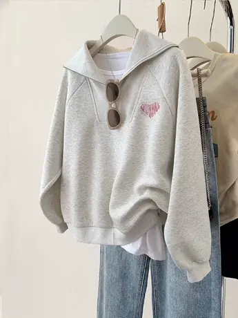 大码海军领显瘦胖mm加绒卫衣女高级感百搭秋冬上衣ins半拉链外套商品大图