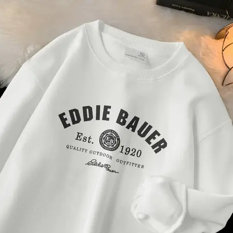 320g重磅白色卫衣男春秋季2023新款加绒加厚圆领长袖t恤无帽上衣商品大图