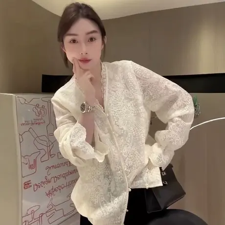 高级感轻奢蕾丝长袖衬衫女2025春秋新款内搭打底衫国风新中式上衣商品大图
