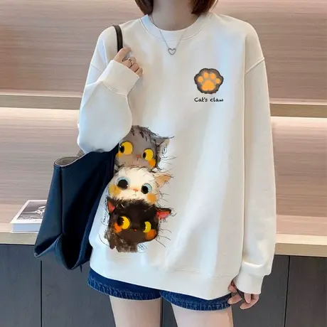 卡通猫咪圆领白色卫衣女款2025新款爆款秋季时尚减龄宽松加绒上衣商品大图