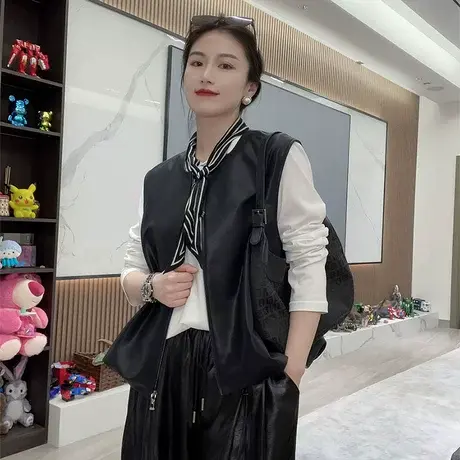 皮衣马甲女短款2025秋装新款宽松显瘦坎肩机车服pu皮夹克休闲上衣商品大图