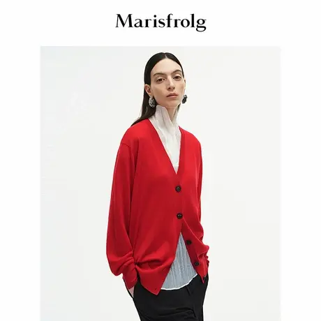 【精纺羊毛】Marisfrolg玛丝菲尔2025秋新款红色落肩袖针织开衫商品大图
