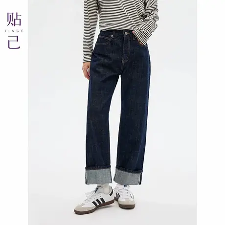 TINGE贴己高腰复古直筒原色全棉赤耳丹宁牛仔裤女秋冬显瘦裤子商品大图