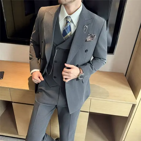 暗条纹双排扣青果领链条马甲男商务休闲修身西装外套新郎结婚礼服商品大图