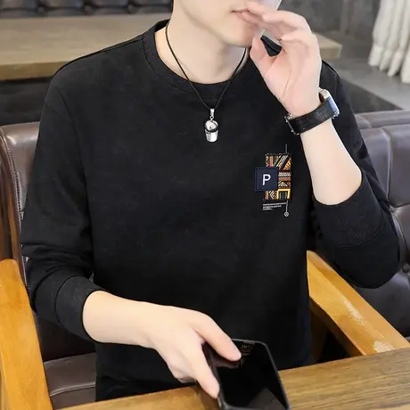 秋冬季新款长袖T恤男时尚休闲刺绣百搭青年卫衣潮牌加绒加厚上衣商品大图