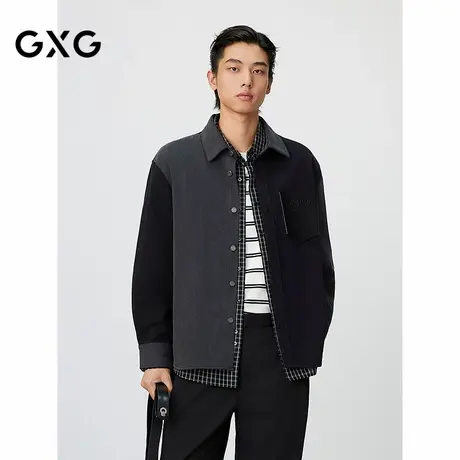 GXG男装 黑灰色拼色口袋设计潮流时尚宽松牛仔衬衫外套 25春品商品大图