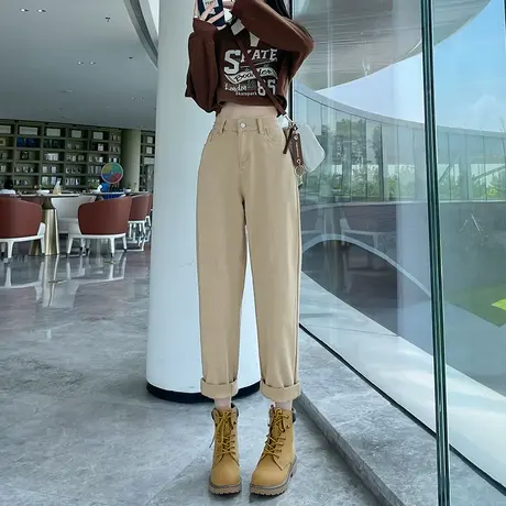 黑色老爹牛仔裤女2023秋冬新款高腰直筒宽松显瘦松紧腰萝卜哈伦裤商品大图